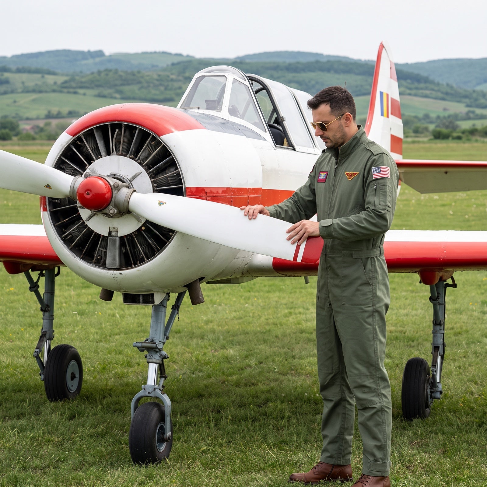 Combinezon de pilot Brandit olive la aerodrom, lângă un Yak-52