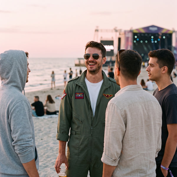 Combinezon de pilot Brandit olive la un festival pe plajă