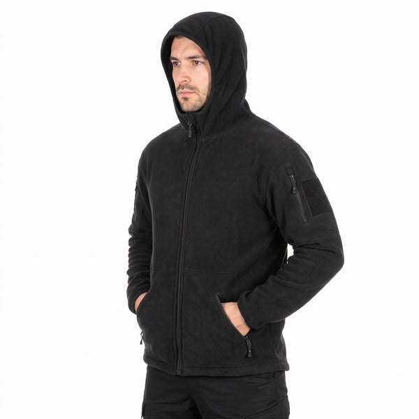 Geaca fleece tactica cu gluga si velcro MFH negru | WARGEAR RO