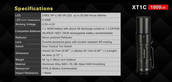 Lanterna tactica XT1C 2018 1000lm KLARUS | Echipament tactic WARGEAR