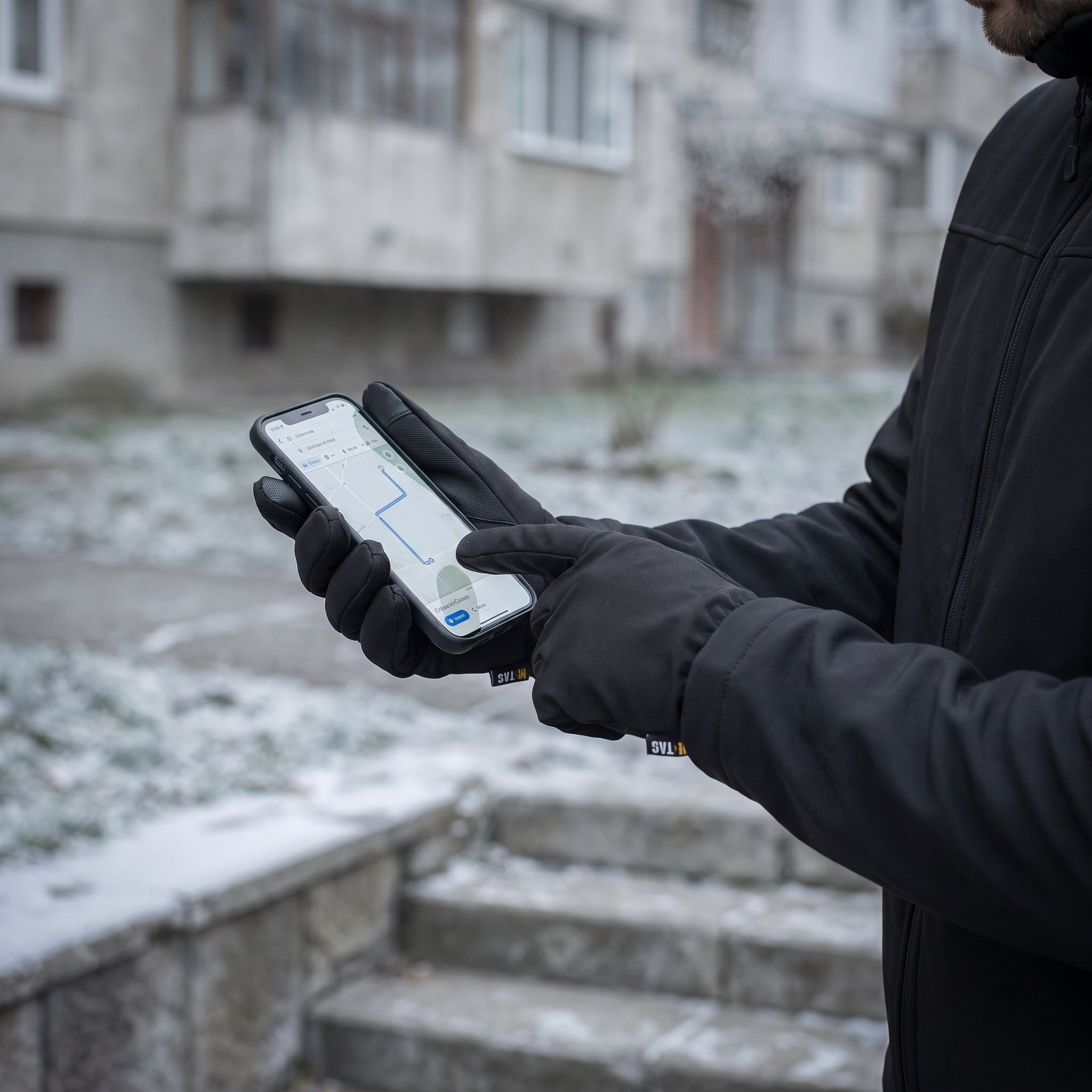 Manusi tactice de iarna Soft Shell Thinsulate M-TAC NEGRU purtate, degete tactile pe telefon
