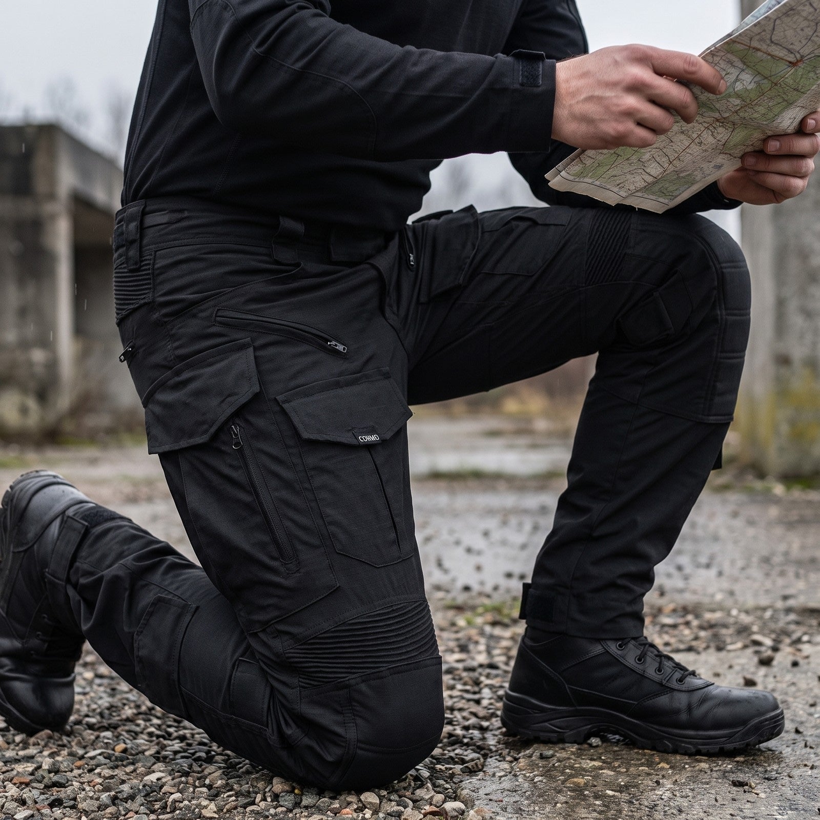Pantaloni tactici de combat WARDOG negri cu genunchiere | WARGEAR RO