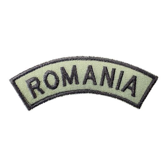 Patch semirotund ROMANIA brodat kaki – Velcro – 2,5 × 9 cm | WARGEAR RO