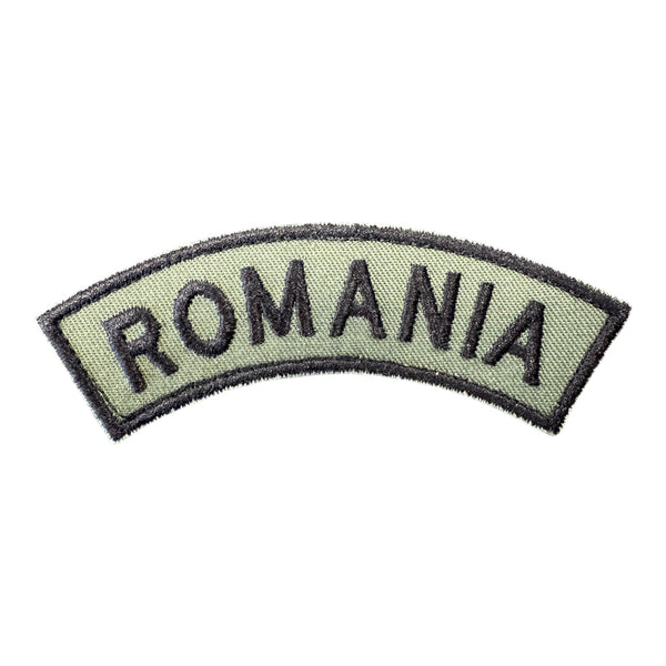 Patch semirotund ROMANIA brodat kaki – Velcro – 2,5 × 9 cm | WARGEAR RO