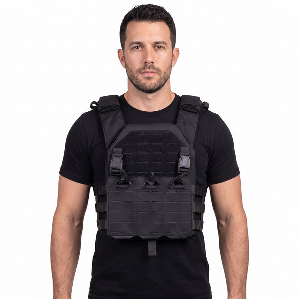 Plate carrier RAMPART negru cu triplu port-incarcator, Cordura 1000D – purtat
