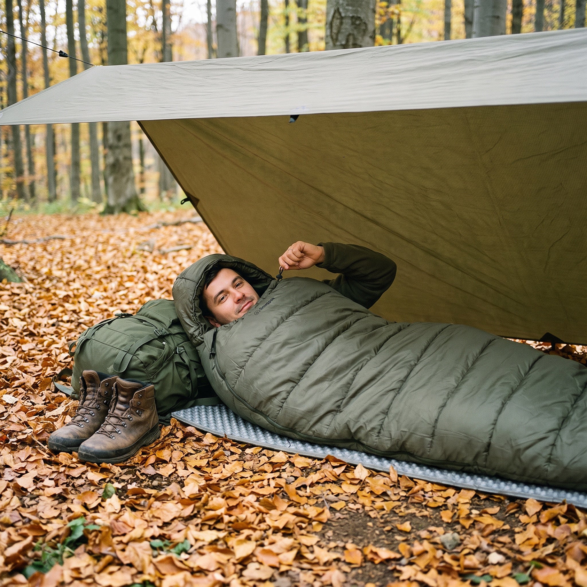 Sac de dormit Snugpak Sleeper Extreme în bivuac sub prelată, în pădure