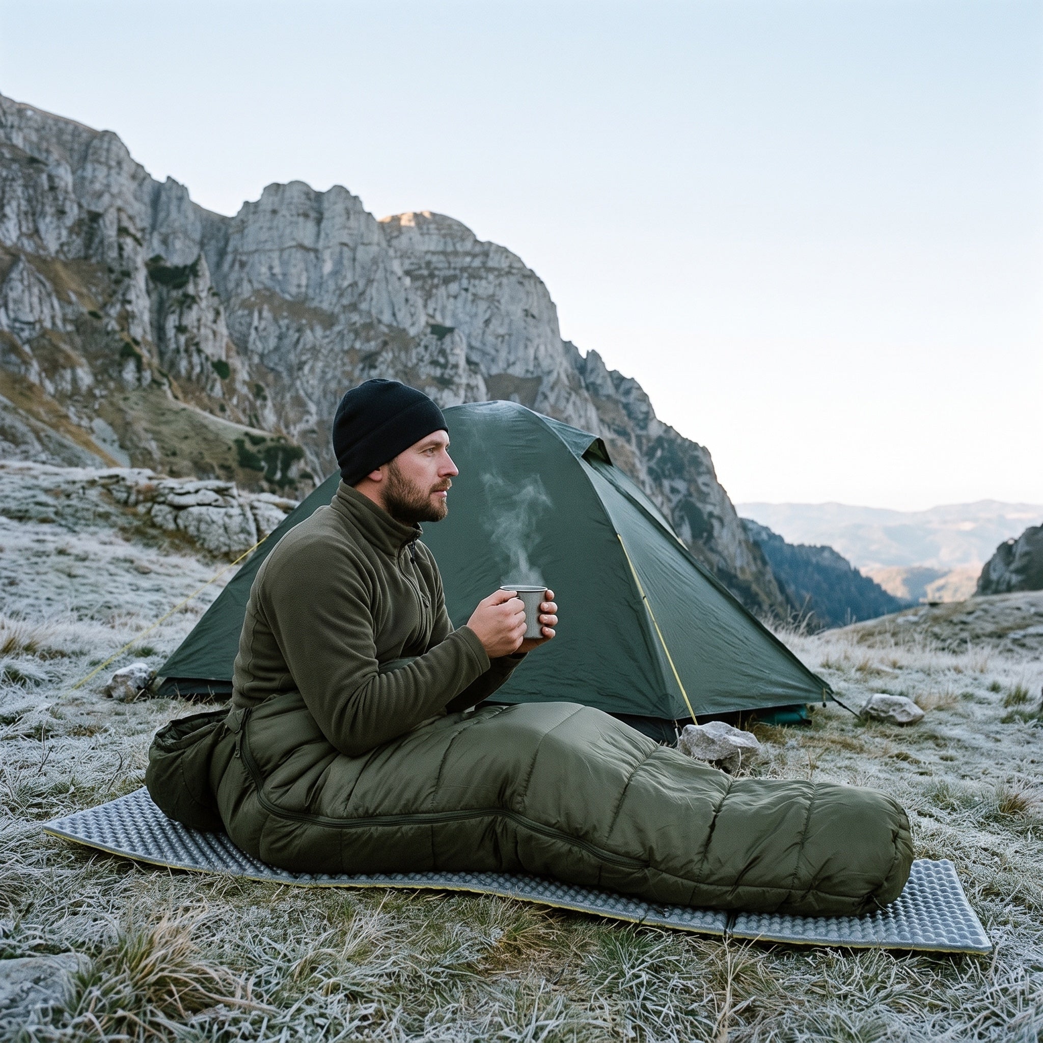 Sac de dormit Snugpak Sleeper Extreme la cort în Bucegi, dimineața pe brumă