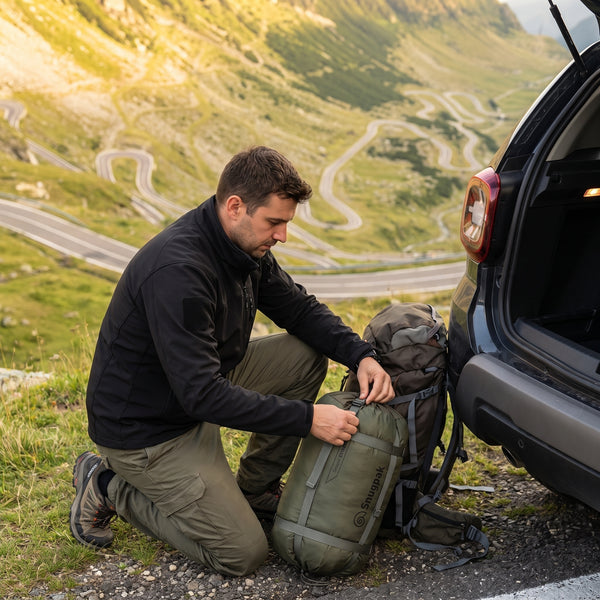 Sac de compresie Snugpak Sleeper Extreme strâns cu chingile, lângă mașină