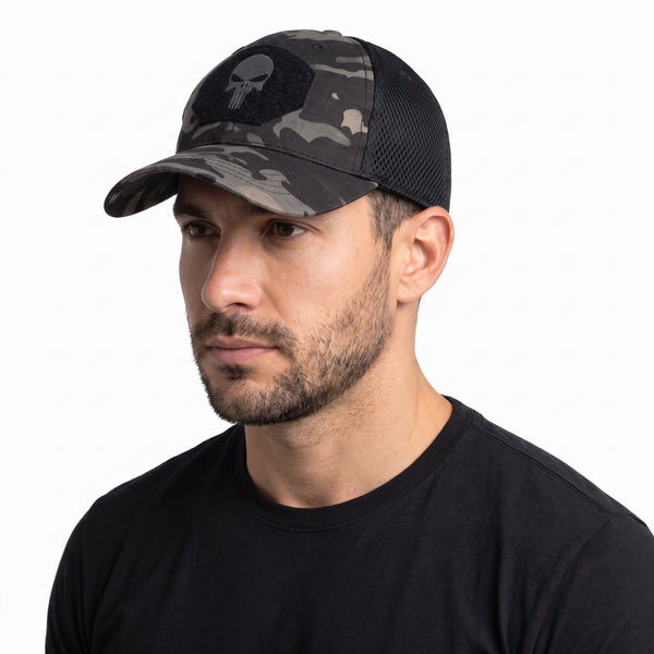 Sapca tactica VIGILANTE cu plasa si panou velcro – MultiCam Black – purtat