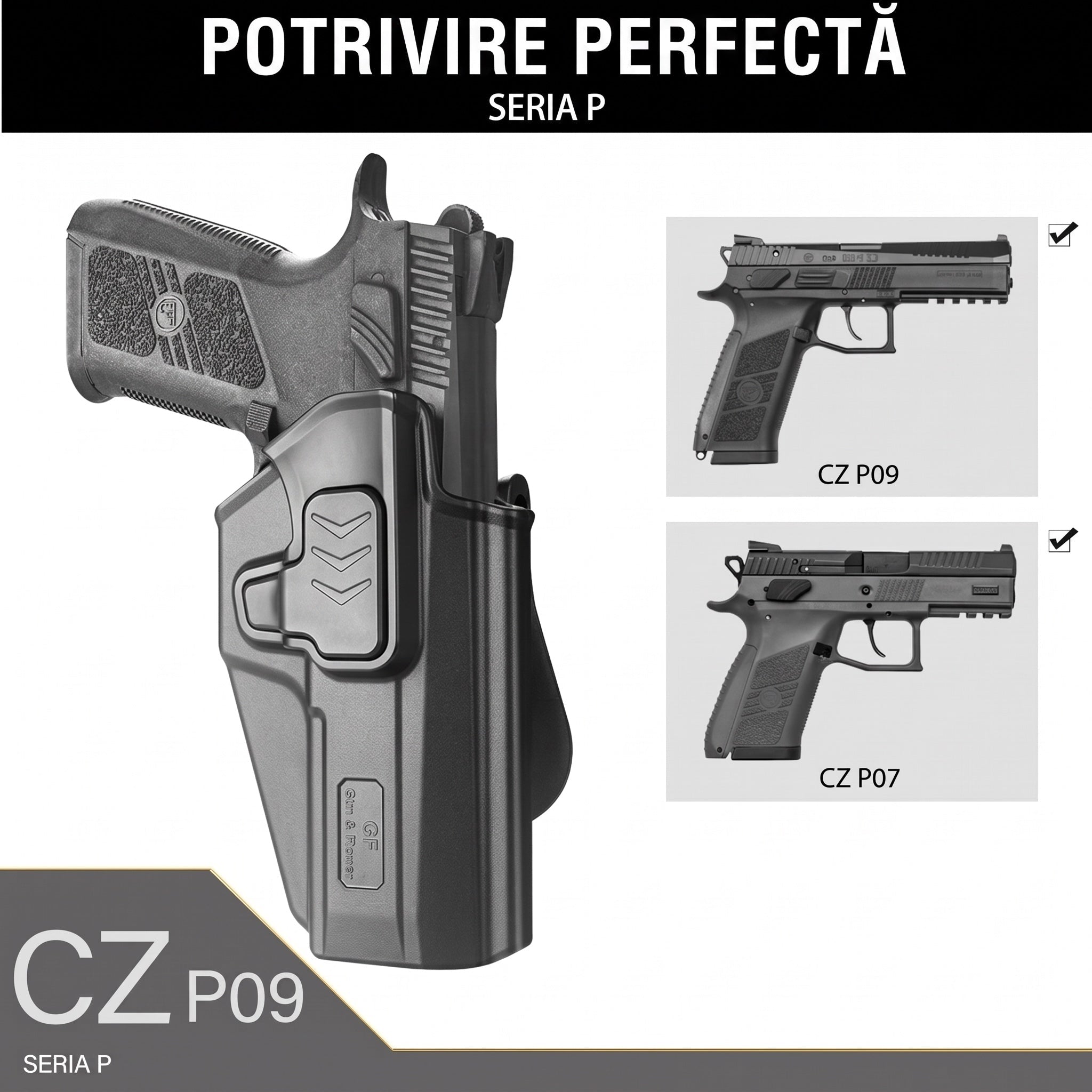 Toc OWB CZ P-07 / P-09 cu retentie pe garda Gun&Flower - Mana dreapta, Negru | WARGEAR RO