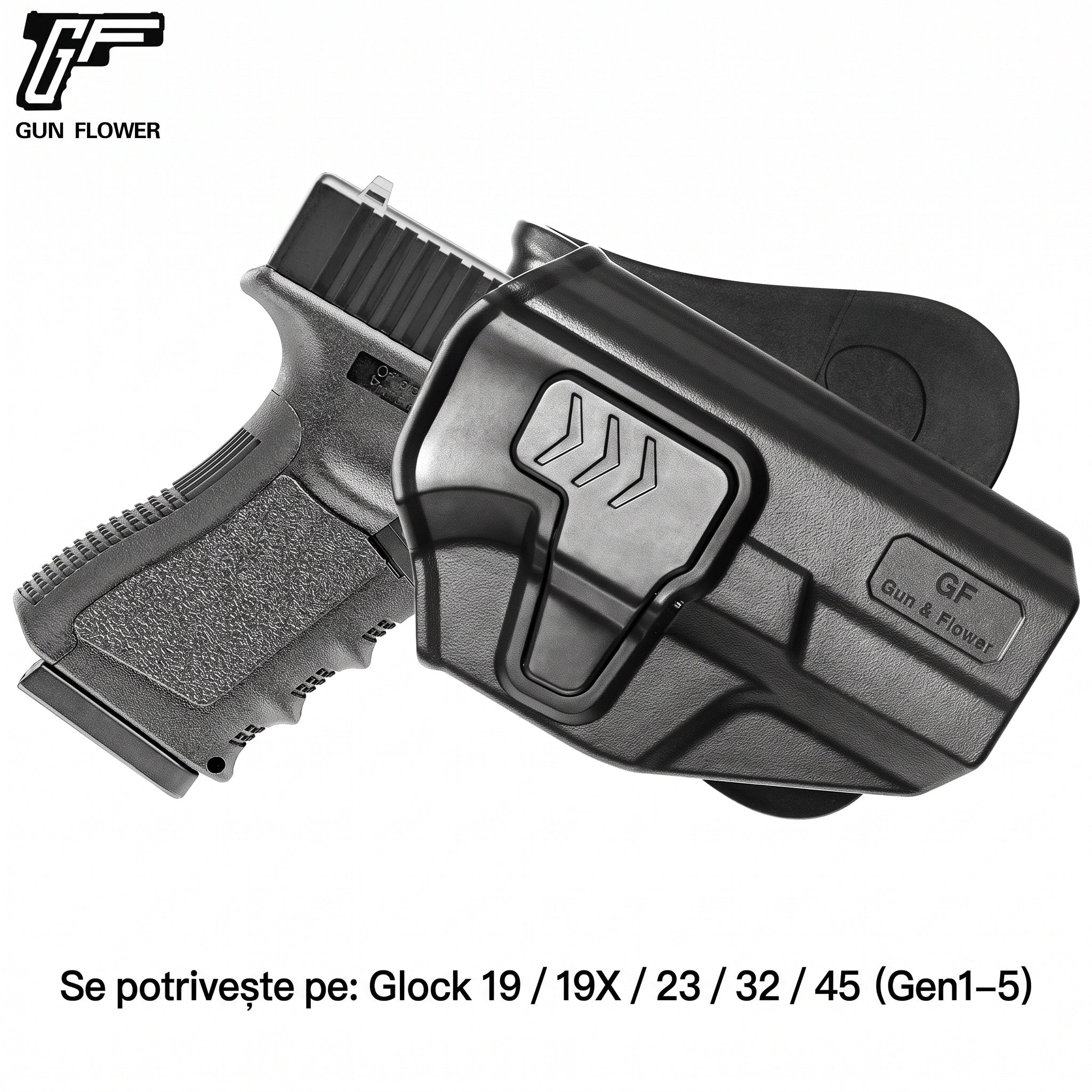 Toc OWB Glock 19/23/32 retentie nivel II Gun&Flower - Mana dreapta, Negru | WARGEAR RO