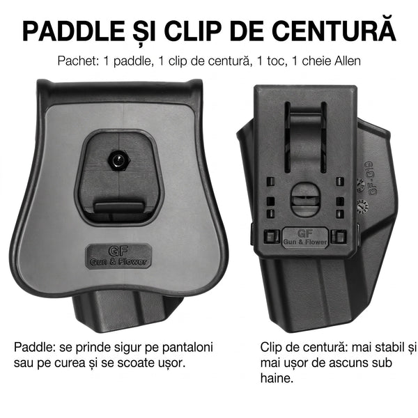 Toc OWB Glock 19/23/32 retentie nivel II Gun&Flower - Mana dreapta, Negru | WARGEAR RO