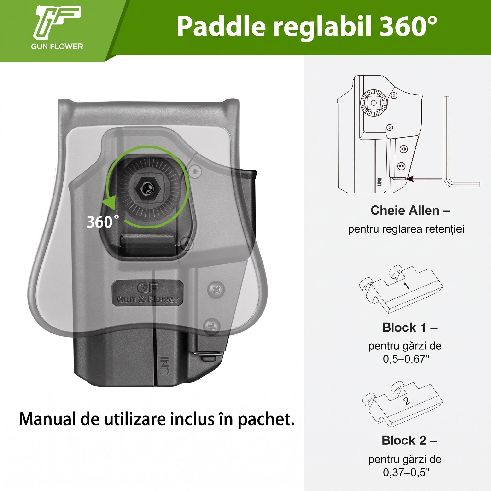 Toc universal UNI PRO Glock Sig CZ retentie nivel II Gun&Flower - Mana dreapta | WARGEAR RO