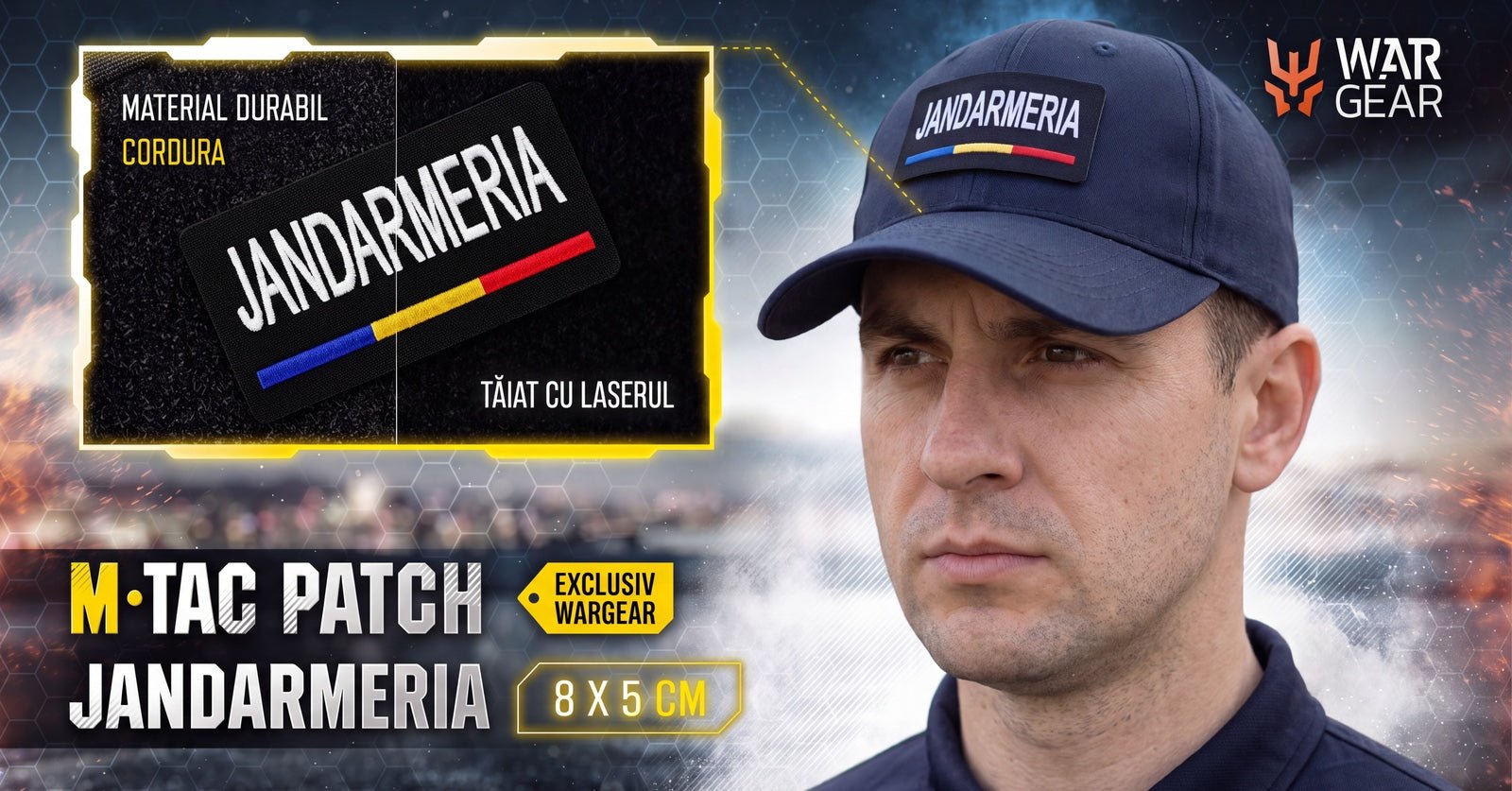 Patch JANDARMERIA M-Tac din Cordura tăiată cu laserul, 8x5 cm, exclusiv WARGEAR